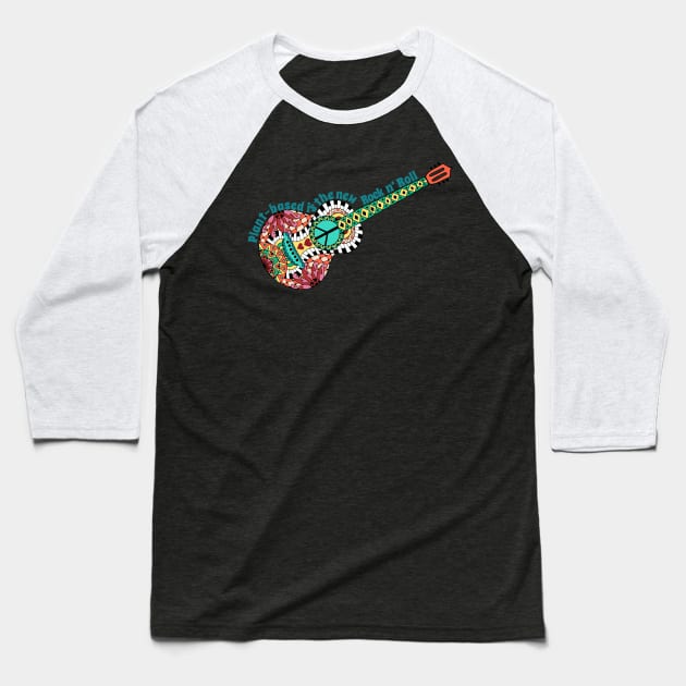 Cool Retro Guitar Design for Plant-based Vegetarian Vegan Baseball T-Shirt by Dibble Dabble Designs